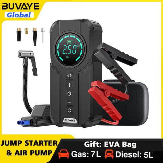 BUVAYE Car Jump Starter Air Pump Portable Air Compressor Multi-function Tire Inflator Auto Portable Battery Starter With EVA Bag